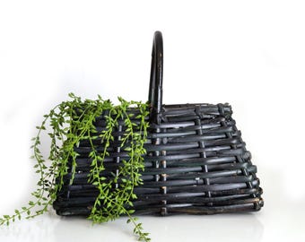 Vintage Plant Basket, Rectangular Woven Basket, Cachepot