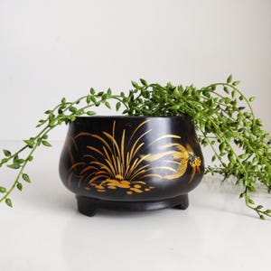 May include: A black, round planter with a gold floral and fish design. The planter has three small feet and is filled with green, trailing plants. The design is reminiscent of Asian art.