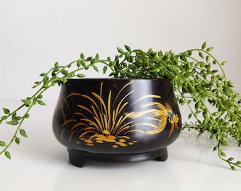 Vintage Japanese Lacquered Bowl with Koi Fish theme, gold on black