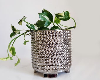 Mirrored Silver Planter or Cachepot with textured bumps and chrome look