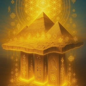 Puede incluir: Una ilustración digital de tres pirámides doradas con un patrón geométrico brillante sobre ellas. Las pirámides están rodeadas de un campo de símbolos y glifos dorados.