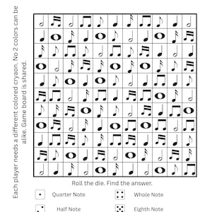May include: Black and white game board titled "Box Out! Notes" featuring musical notes in a grid. Includes dice and note key. Text reads "Each player needs a different colored crayon. No 2 colors can be alike. Game board is shared."
