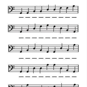 Puede incluir: Una hoja blanca con notación musical para notas de línea de clave de fa. El título y las instrucciones están en la parte superior. Se muestran cinco conjuntos de notas musicales en pentagramas, cada uno con un símbolo de clave de fa.