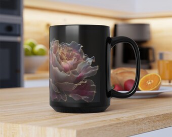 Black Rose Wrap Coffee Mug, Pink Gold Floral Art, Elegant Romantic Drinkware (15 oz.)