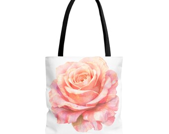 Light Peach Rose Tote Bag, Watercolor Floral Tote, Pink Flower Market Bag, Gift for Her, Everyday Canvas Tote