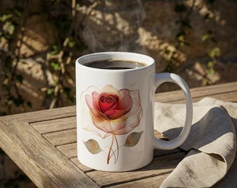 Red Rose Floral Mug – Botanical Ceramic Coffee Cup, 15 oz