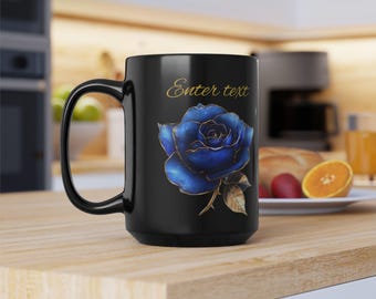 Personalized Blue Rose Black Ceramic Mug, Elegant Floral Coffee Cup