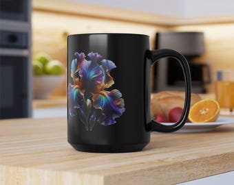 Vibrant Iris Mug, Bold Floral Coffee Cup, Statement Black Ceramic Drinkware