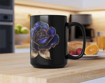 Blue Gold Rose Mug, Black Elegant  15 oz Coffee Cup