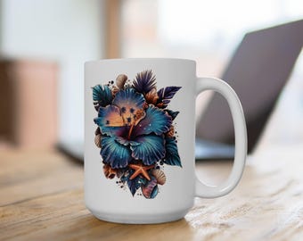 Personalized Hibiscus Sunset Mug, Tropical Beach Coffee Cup, Custom Name Gift