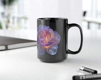 Black Ceramic Mug, Luminous Galaxy Rose Floral Art, 15 oz Coffee Cup