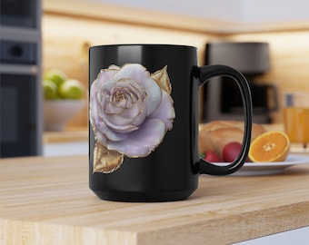 Lavender Rose with Gold Leaves Mug, Black Ceramic 15 oz  Coffee Cup
