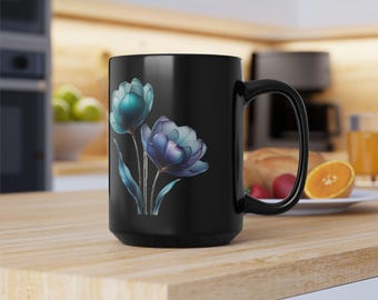 Personalized Tulip Black Ceramic Mug, Custom Name Blue Teal Floral (15 oz)
