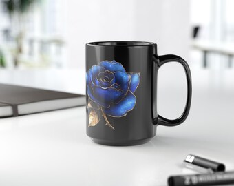 Blue Rose Illustration Mug, Black Ceramic  15 oz Coffee Cup