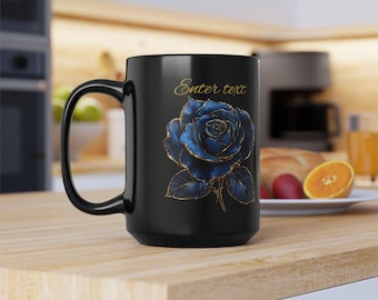 Personalized Blue Gold Rose Mug, Custom Name Black Coffee Cup, Elegant Floral Gift