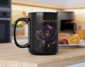 Personalized Black Mug, Purple Rose Gold Accents, Elegant Floral Gift
