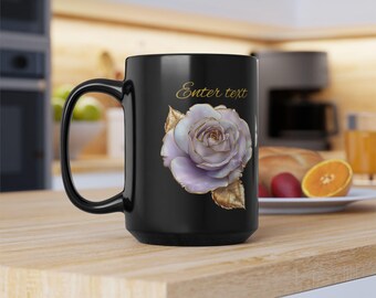 Personalized Lavender Rose with Gold Leaves Mug, Custom Name Coffee Mug, Elegant Floral Gift