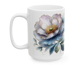 Blue Watercolor Peony Mug 15 oz, Floral Coffee Mug