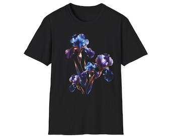 Floral Iris T-Shirt, Indigo Violet Botanical Art Tee, Minimalist Nature Shirt