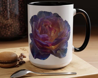 Galaxy Rose Ceramic Mug, Purple Floral Watercolor Coffee Cup (15oz)