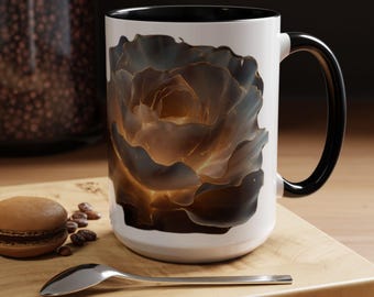 Glowing Rose Coffee Mug | Amber Gray Floral Ceramic Cup (15oz)
