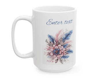 Blue & Blush Floral Bouquet Mug 15 oz, Ceramic Coffee Cup
