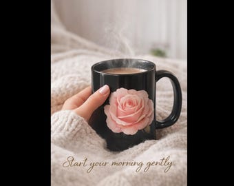 Blush Rose Watercolor Floral Mug, 15 oz Black Ceramic Coffee Cup