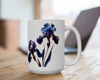 Personalized Iris Flower Mug, Elegant Black Floral Coffee Cup, Custom Name Mug