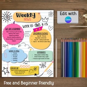 May include: A colorful educational weekly news page with the text "Weekly News" and "Week of Aug. 11-15". The page includes sections for learning, upcoming events, words to know, and reminders. A set of colored pencils and a pencil are on a wooden surface.