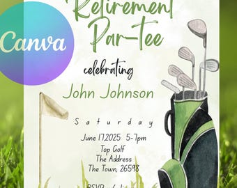 May include: A watercolor-style invitation for a retirement party. The invitation features a golf bag with clubs, a golf flag, and text that reads "Retirement Par-Tee" celebrating John Johnson. The date and time are also included.