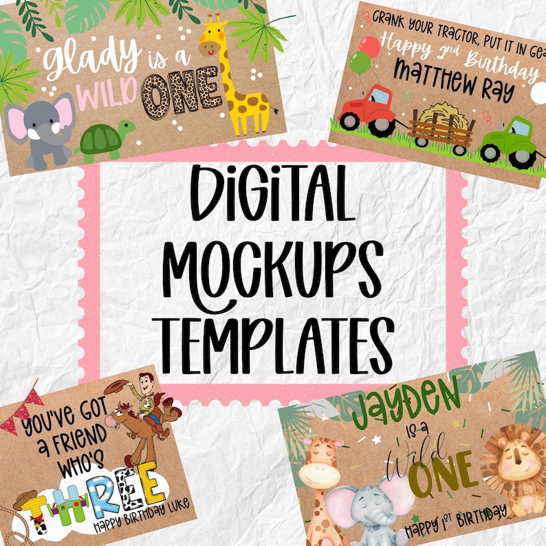 May include: Digital mockups templates with various birthday card designs. The cards feature jungle animals, tractors, and the phrases "glady is a WILD ONE", "Happy 2nd Birthday Matthew Ray", and "Happy 1st Birthday Jayden".