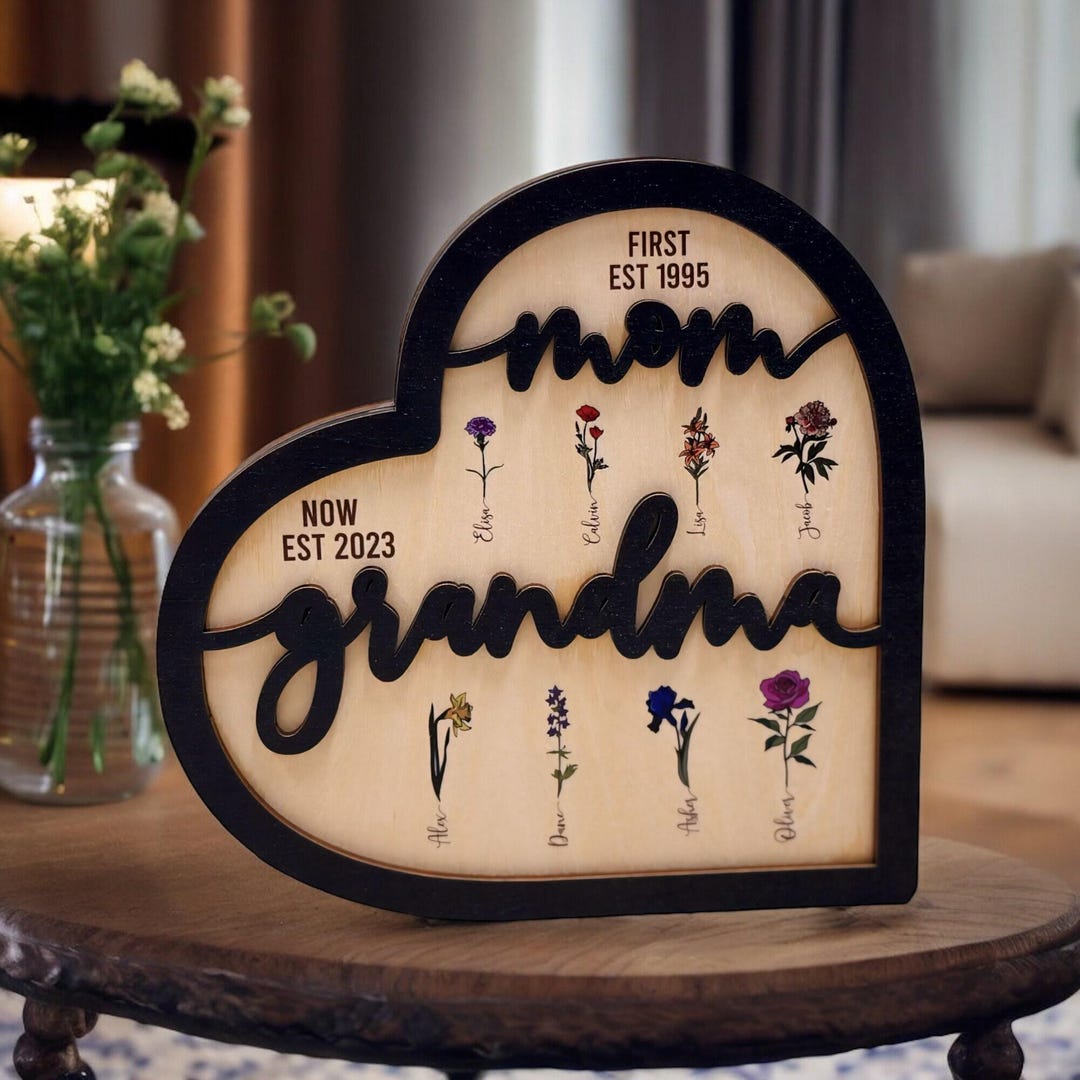 Birth Month Flower Wooden Heart Plaque, First Mom Now Grandma ...