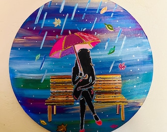 Origineel acrylschilderij Rainy Day Dreams | 12" ronde canvas muurkunst | Kleurrijk paraplukunstwerk | Grillig decor met regenscène