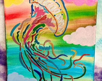 Acrylschilderij regenboogkwal – 12 x 9 kleurrijke oceaangeïnspireerde muurkunst, uniek