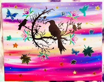 Acrylschilderij silhouetvogels – 16 x 20 canvas regenbooghemel, unieke muurkunst