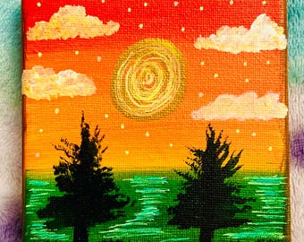Mini-landschapsschildering zonsondergang: originele canvaskunst 4 x 4
