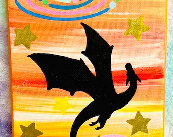 Fantasieschilderij draken | 6,5 x 5 originele canvaskunst | Silhouetdraak met regenboog en kosmische lucht