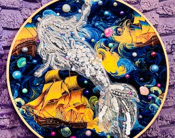 Zeemeerminborduurwerk met kralen | 10" watermuurdecoratie