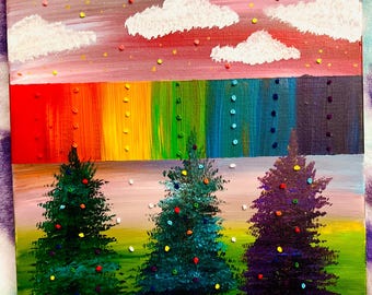 Schilderij regenboogbos gemengde techniek | 12 x 12 handgeschilderd en geborduurd canvas | Grillige landschapsmuurkunst