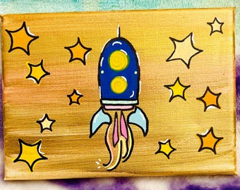 Grillig schilderij raketschip | 5 x 7 origineel canvas | Gouden achtergrond popart in de ruimte