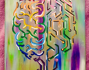 Neon Mindscape | Origineel abstract canvas schilderij hersenen en circuit | 8 x 10"
