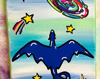 Blauer Drache Fantasy Gemälde | 6.5x5 Originale Leinwand Kunst | Wunderlicher Drache mit Sternen & Galaxie