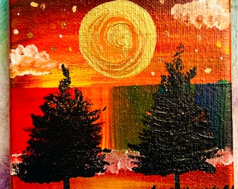 Minischildering zonsondergang | 4 x 4 originele canvaskunst | Spiraalvormige zon- en silhouetbomen | Gedurfd, grillig landschap