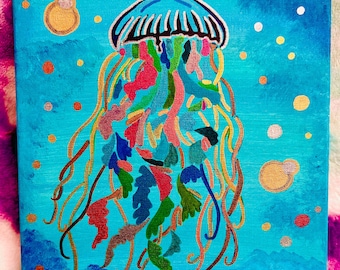 Colorful Jellyfish Painting – 13.5x11 Original Acrylic Canvas | Ocean-Inspired Wall Art with Metallic Details