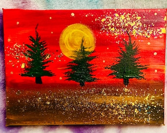 Glitter bosmaan schilderij | 6,5 x 5 originele canvaskunst | Grillig landschap met bomen en gouden lucht