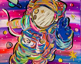 Paz Cósmica / Pintura acrílica original de astronauta / Arte espacial caprichoso / Lienzo de galaxia colorida