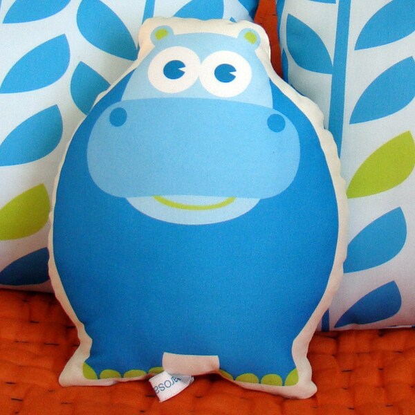 Organic Hippo Pillow Friend -blue aqua- perfect for nursery- medium size