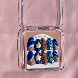 Blue ocean sea beach 3D fake nails, elegant summer medium almond nails, unique shell and waves press on nails
