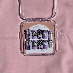 Purple Goth Lolita Press on Nails, Lavender and Black J Fashion Lolita Fake Nails, Short Square Handmade Nails, Cute 3D Elements