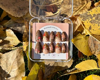 Sparkly fall press on nails, brown cottage core autumn leaf fake nails, handmade short almond nails